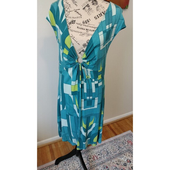 Express Dresses & Skirts - NWT! Express Sleeveless V-Neck A-Line Blue Green Geometric Print Dress. Size L